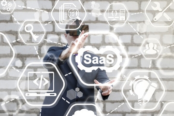 SAAS (Software As A Service) Business 3D Development Concept. Man in vr glasses offers icon...