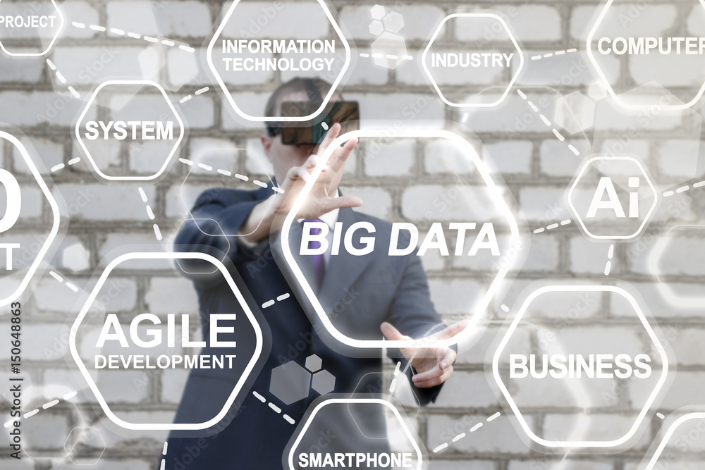 Poster big data virtual reality agile development business industry web computer concept. man in vr glasses