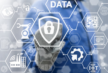 Security and Insurance Data Industry 4 Concept. Worker touched shield lock icon on virtual screen....
