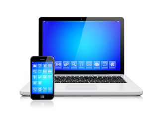 Laptop and smartphone with blue screen