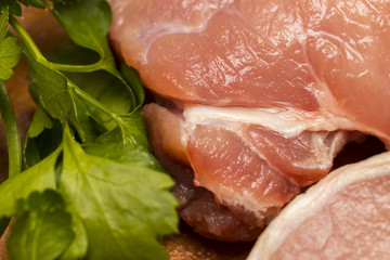 Fresh raw meat with spices on wooden background