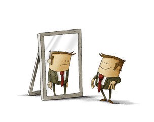 Happy businessman in front of a mirror where it looks reflected sad. isolated, white background.