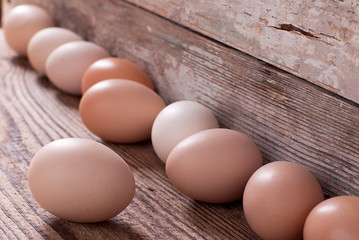 Eggs on an old board in a row