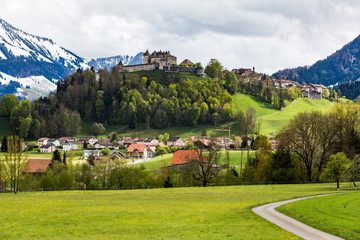 Castle and Village Gruyeres in May 2017 in Switzerland