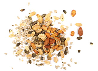 Healthy mix of salty and spicy peanuts, almonds, sunflowers, and pumpkin seeds, isolated on white background