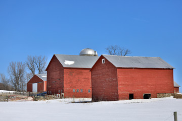 Old Red Barn in Winter Scene