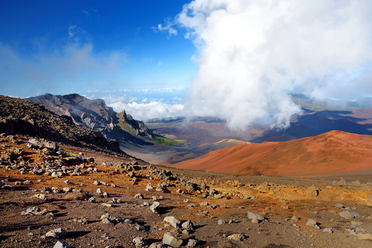 Stunning landscape of Haleakala volcano crater taken from the Sliding Sands trail, Maui, Hawaii
