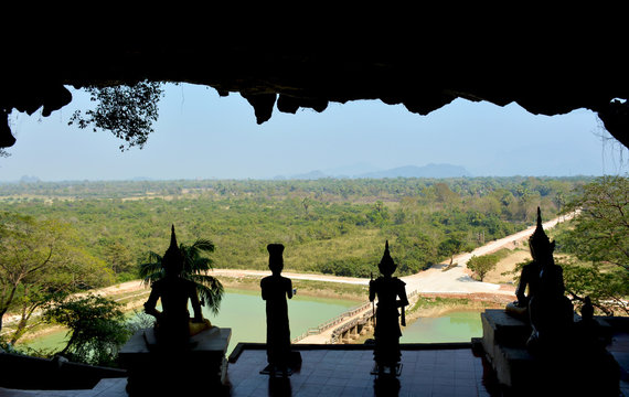 View from terrace of Yathaypyan Cave to the surrounding spaces. Kayin State, Hpa-An, Myanmar.