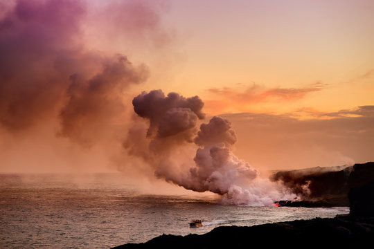 Lava Pouring Into The Ocean Creating A Huge Poisonous Plume Of Smoke At Hawaii's Kilauea Volcano, Big Island Of Hawaii