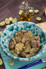 Bowl with fave in wet with onion and oregano and zucchini