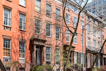 Block of historic brownstone buildings in Manhattan, New York City