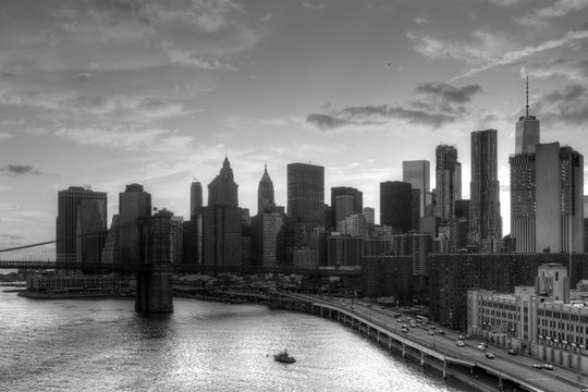 Black and white skyline of Manhattan skyscrapers in New York City