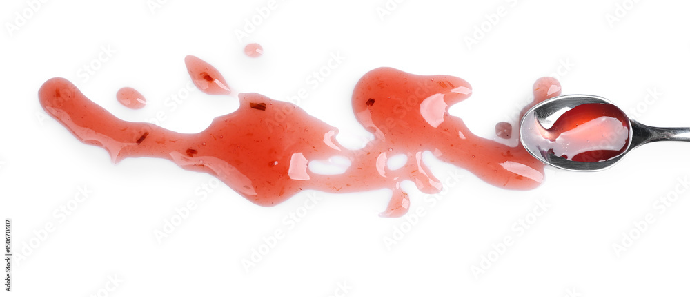 Sticker Delicious strawberry sauce on white background with spoon