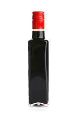 Bottle with soy sauce on white background