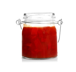 Jar with tasty chili sauce on white background
