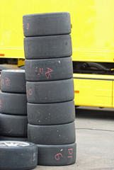 stack of racing tyres
