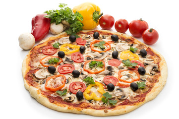 Pizza with ham, pepper and olives