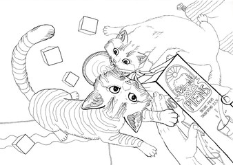 Hand drawn illustration cats drinking milk black and white for coloring book