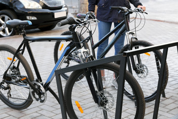 Bicycles in parking lots outdoors
