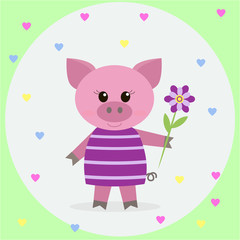 Pink pig in a dress and a flower.
