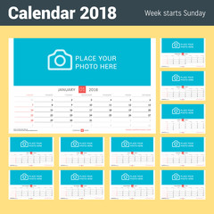 Wall Monthly Calendar for 2018 Year. Set of 12 Months. Vector Design Print Template with Place for Photo. Week Starts on Sunday. Landscape Orientation