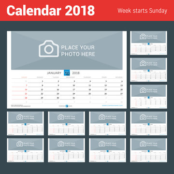 Wall Monthly Calendar for 2018 Year. Set of 12 Months. Vector Design Print Template with Place for Photo. Week Starts on Sunday. Landscape Orientation