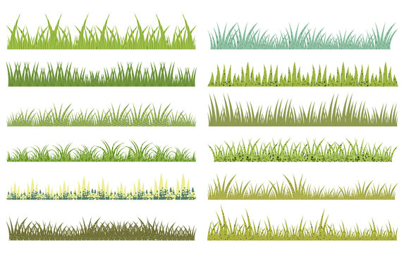 Horizontal vector cartoon green grass with texture on white background
