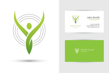 Abstract human logo and business card design template in green color