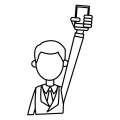 outlined guy business hand holding smartphone vector illustration
