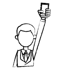 guy business hand holding smartphone sketch vector illustration