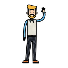drawing beard man greeting with hand up vector illustration