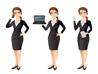 Business woman in black suit in different poses / Attractive business woman talking on the phone, holding a laptop, pointing