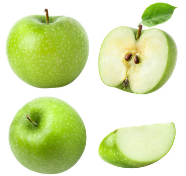 Apple fruit collection. Whole, half, piece of apple fruit isolated on white, with clipping path