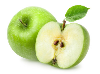 Isolated apples. Whole green apple fruit and half isolated on white background, with clipping path