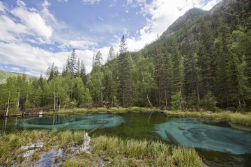 Fototapeta na wymiar Geyser mountain lake with blue clay. Altai, Russia
