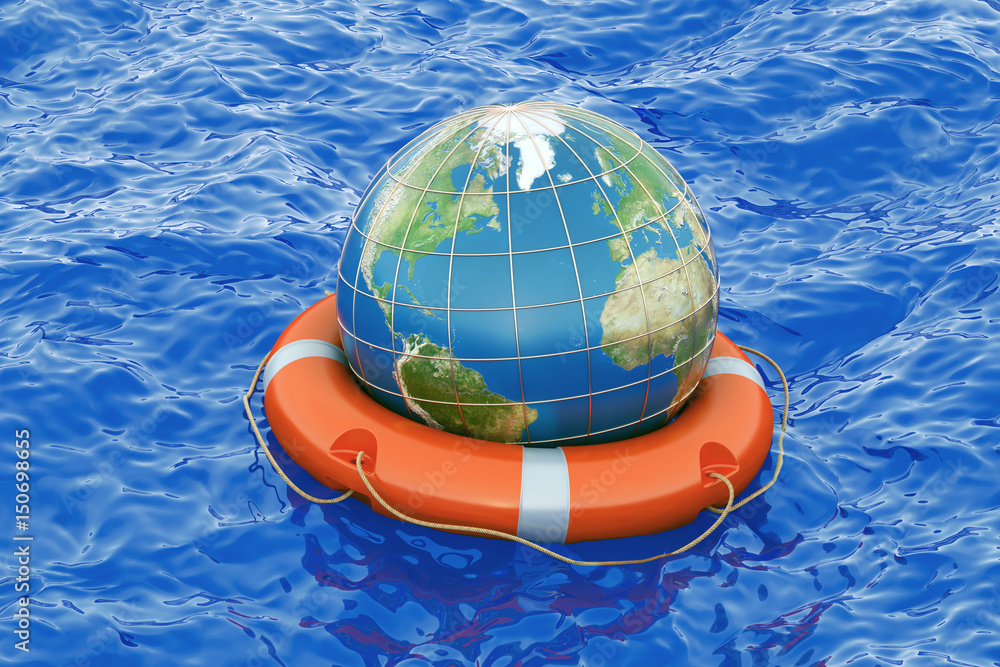 Poster earth globe with lifebuoy on the open sea. save the world concept, 3d rendering