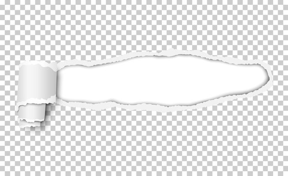 Vector snatched window in piece of transparent paper with torn edges and paper curl. White resulting window with space for text, copy or ad. Template paper design.