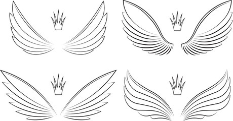 Set of four pairs of wings with crowns. Vector illustration.