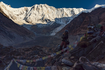 Fototapeta premium Południowa Ściana Annapurny 1 o wschodzie, Himalaje, Nepal