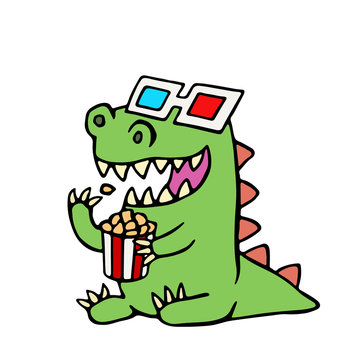 funny dinosaur in 3d glasses and a box of popcorn. vector illustration