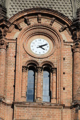 Reloj y ventana biforada, torre, Iglesia de San José, Avenida Oriental. Medellín, Antioquia,...
