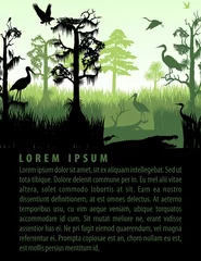 Foto op Plexiglas vector rainforest wetland silhouettes in sunset design template © Save Jungle
