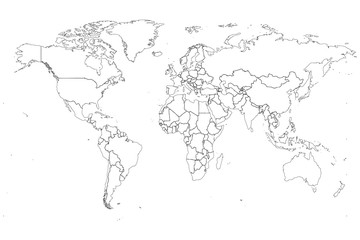 Векторная карта мира напечатана черными чернилами на белом фоне.