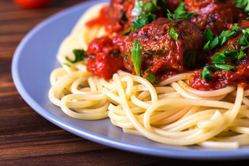 Traditional Italian spaghetti pasta with beef meatballs