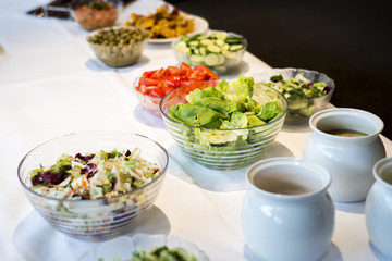 Variety of fresh salads bowls on buffet table business dinner