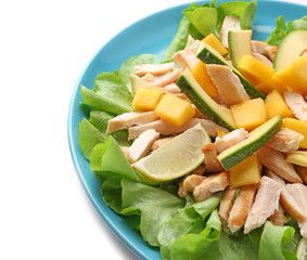 Plate with chicken salad on white background