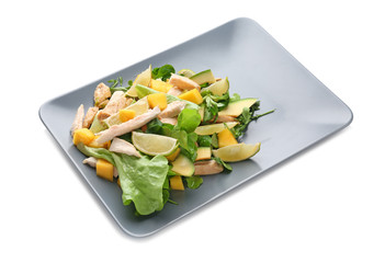 Plate with chicken salad on white background