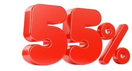 Fifty five percent red, isolated on white background. 3d render illustration.