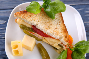 Tasty sandwich with cheese and sausage on plate