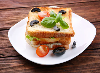 Tasty sandwich with cheese on plate